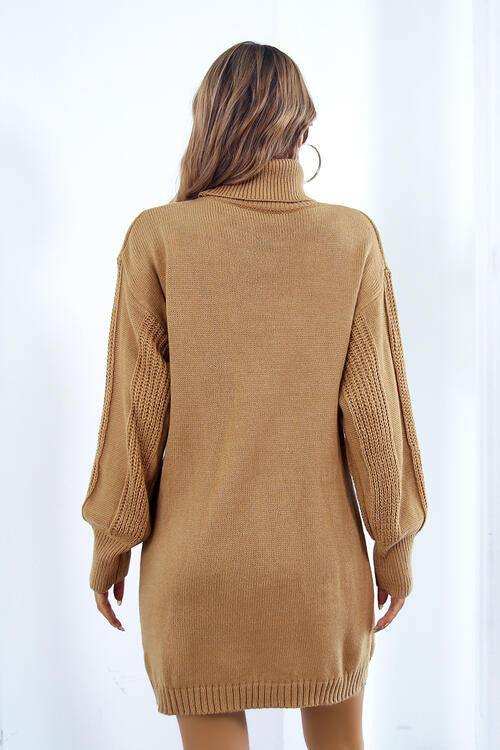 Openwork Turtleneck Long Sleeve Sweater Dress - Trendsi - Flyclothing LLC
