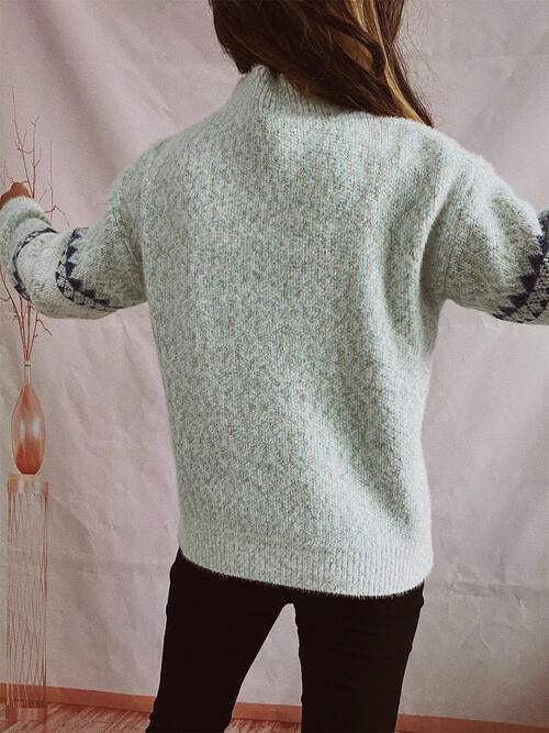 Geometric Mock Neck Dropped Shoulder Sweater - Trendsi - Flyclothing LLC