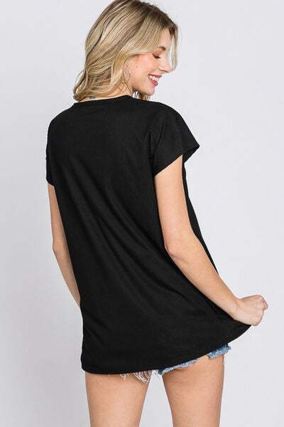 Heimish Full Size Front Button V-Neck Short Sleeve T-Shirt - Trendsi - Flyclothing LLC
