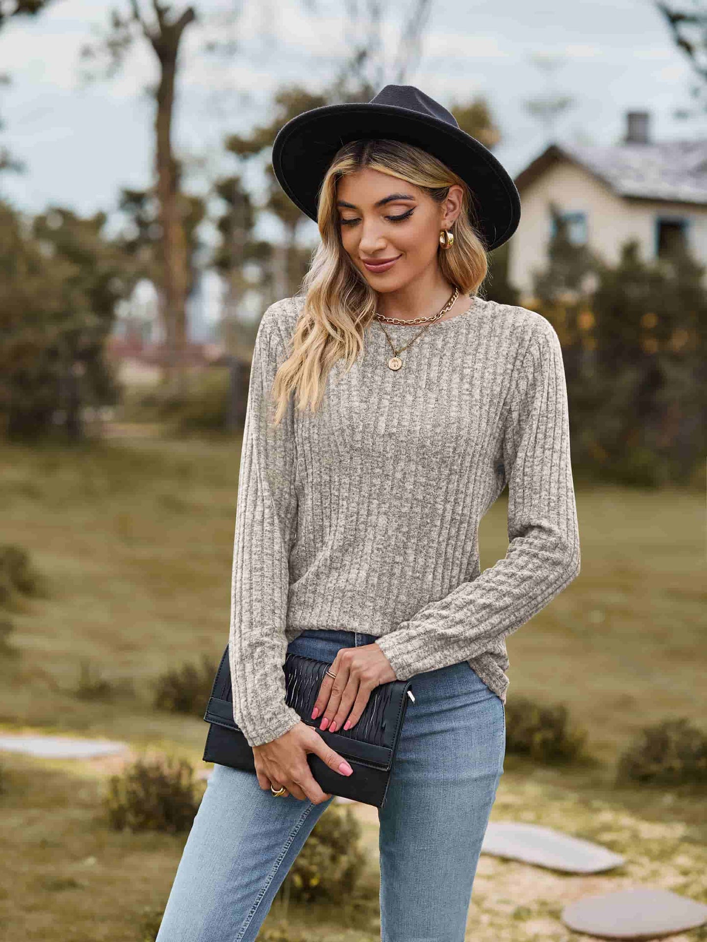 Ribbed Round Neck Long Sleeve Tee - Trendsi - Flyclothing LLC
