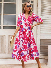 Ruched Printed Surplice Short Sleeve Dress - Trendsi