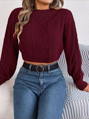 Cable-Knit Round Neck Cropped Sweater - Trendsi