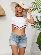 Contrast Round Neck Short Sleeve Cropped Knit Top - Trendsi - Flyclothing LLC