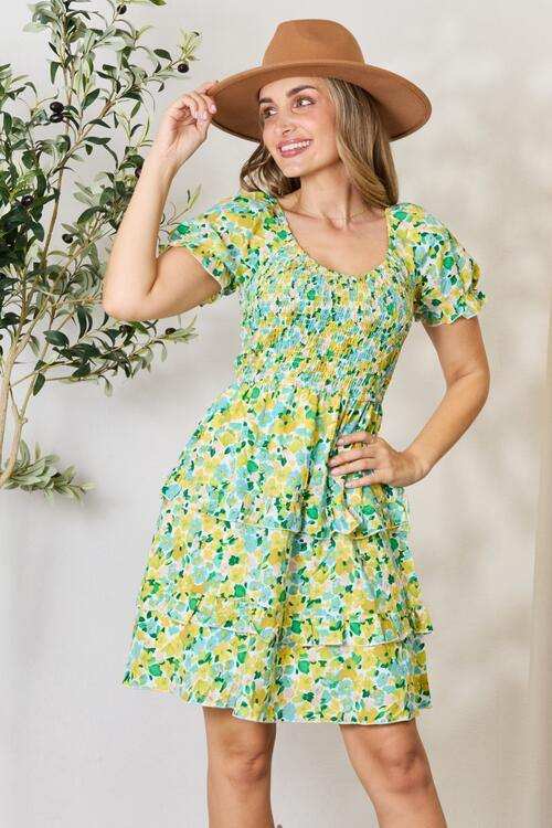 Double Take Smocked Scoop Neck Flounce Sleeve Mini Dress - Trendsi - Flyclothing LLC