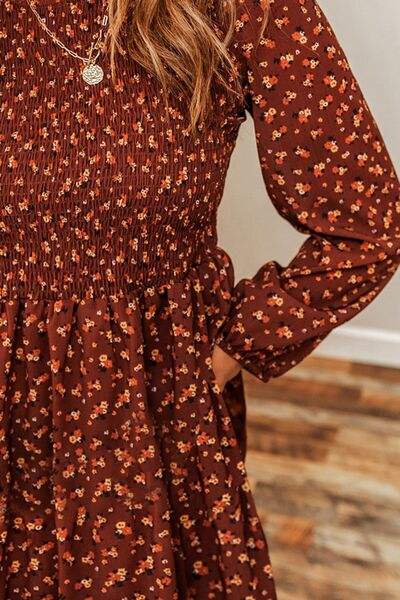 Ditsy Floral Smocked Balloon Sleeve Mini Dress - Trendsi - Flyclothing LLC