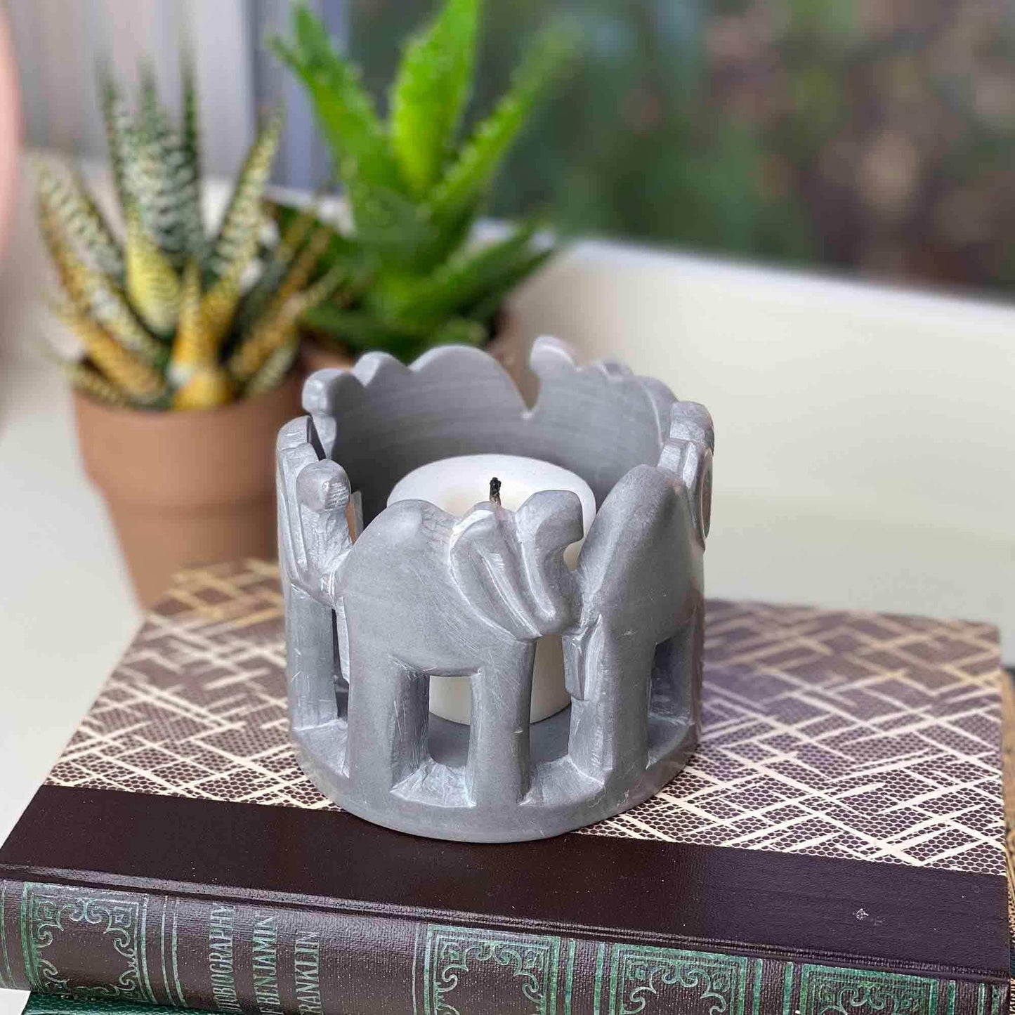 Circle of Elephants Soapstone Sculpture, 3 to 3.5-inch - Dark Stone - SMOLArt - Flyclothing LLC