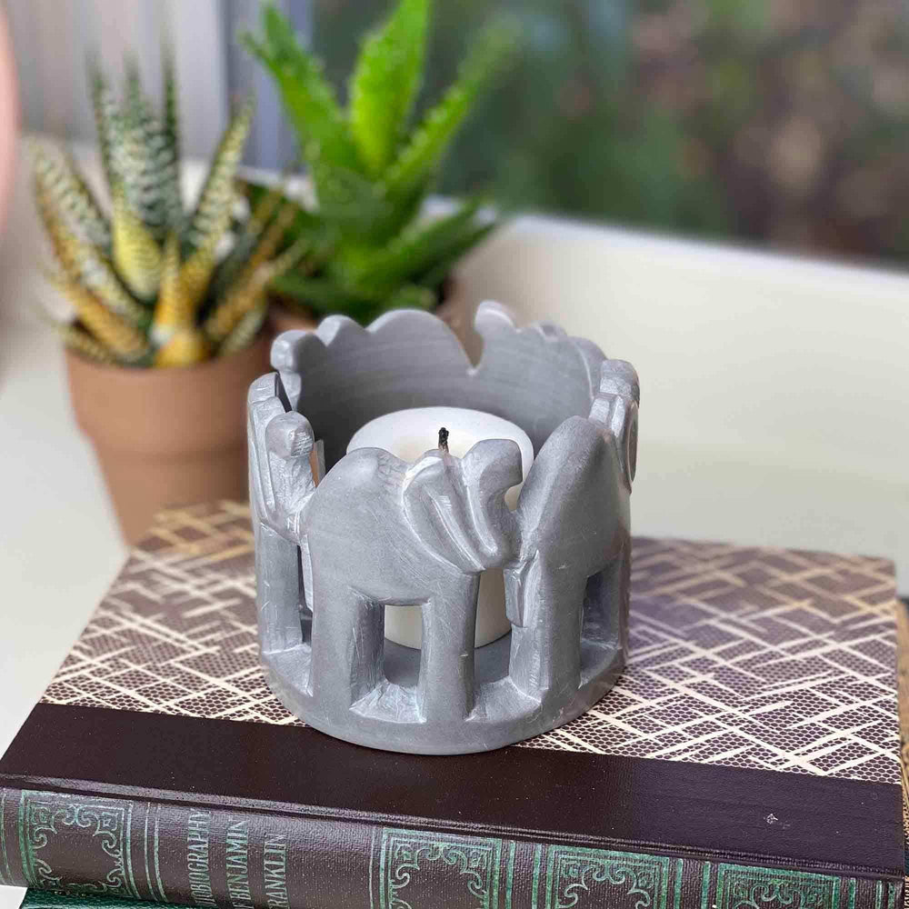Circle of Elephants Soapstone Sculpture, 3 to 3.5-inch - Dark Stone - SMOLArt - Flyclothing LLC