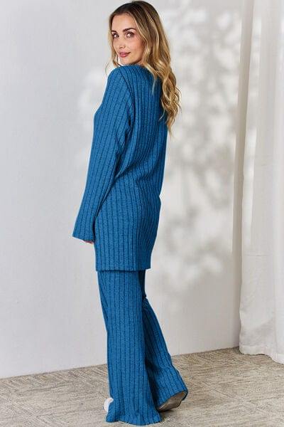 Basic Bae Full Size Ribbed High-Low Top and Wide Leg Pants Set - Trendsi
