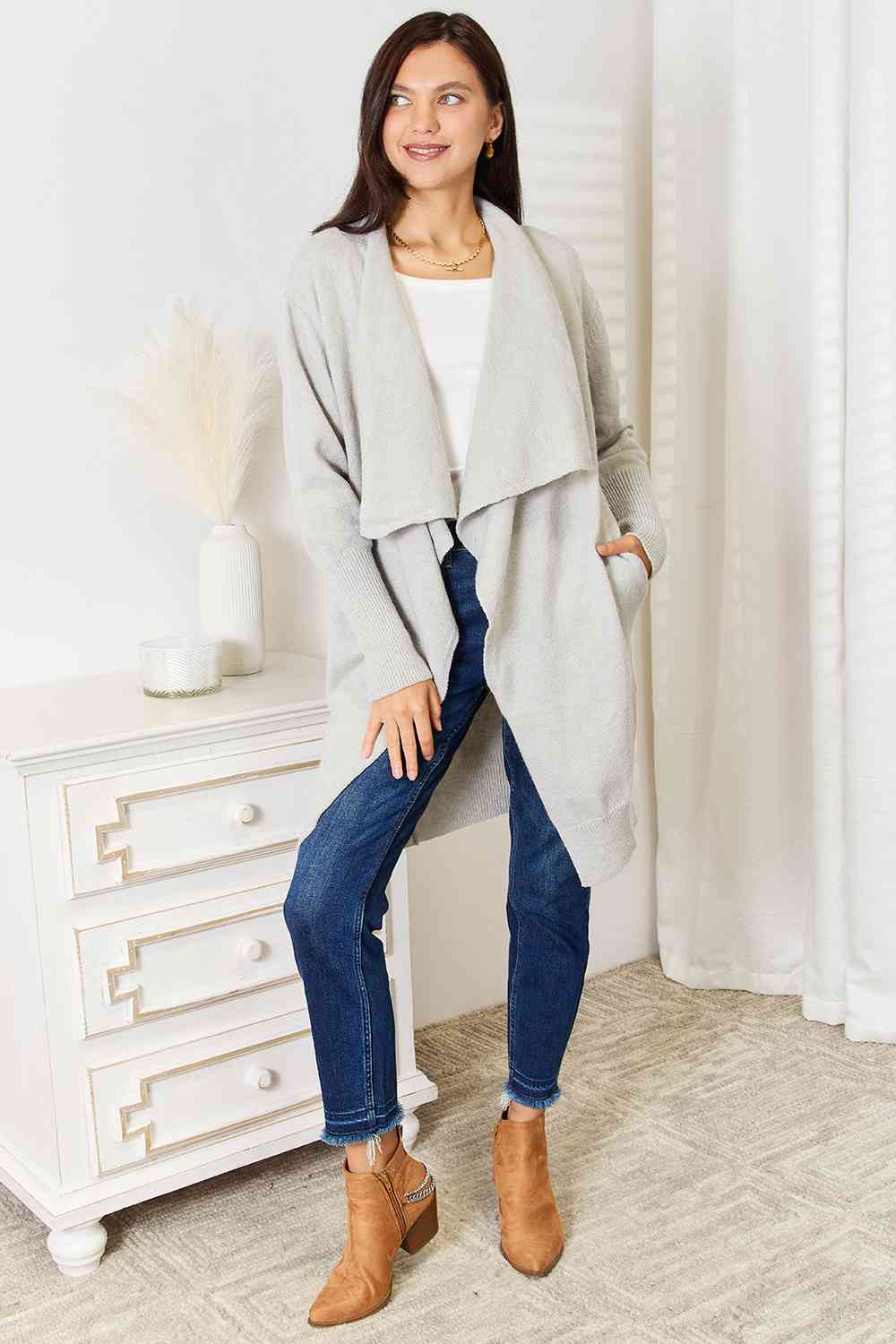 Double Take Open Front Duster Cardigan with Pockets - Trendsi - Flyclothing LLC
