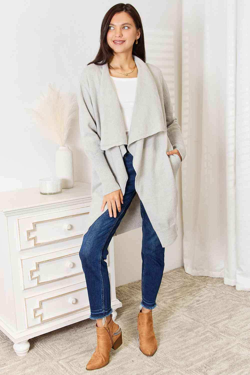 Double Take Open Front Duster Cardigan with Pockets - Trendsi - Flyclothing LLC