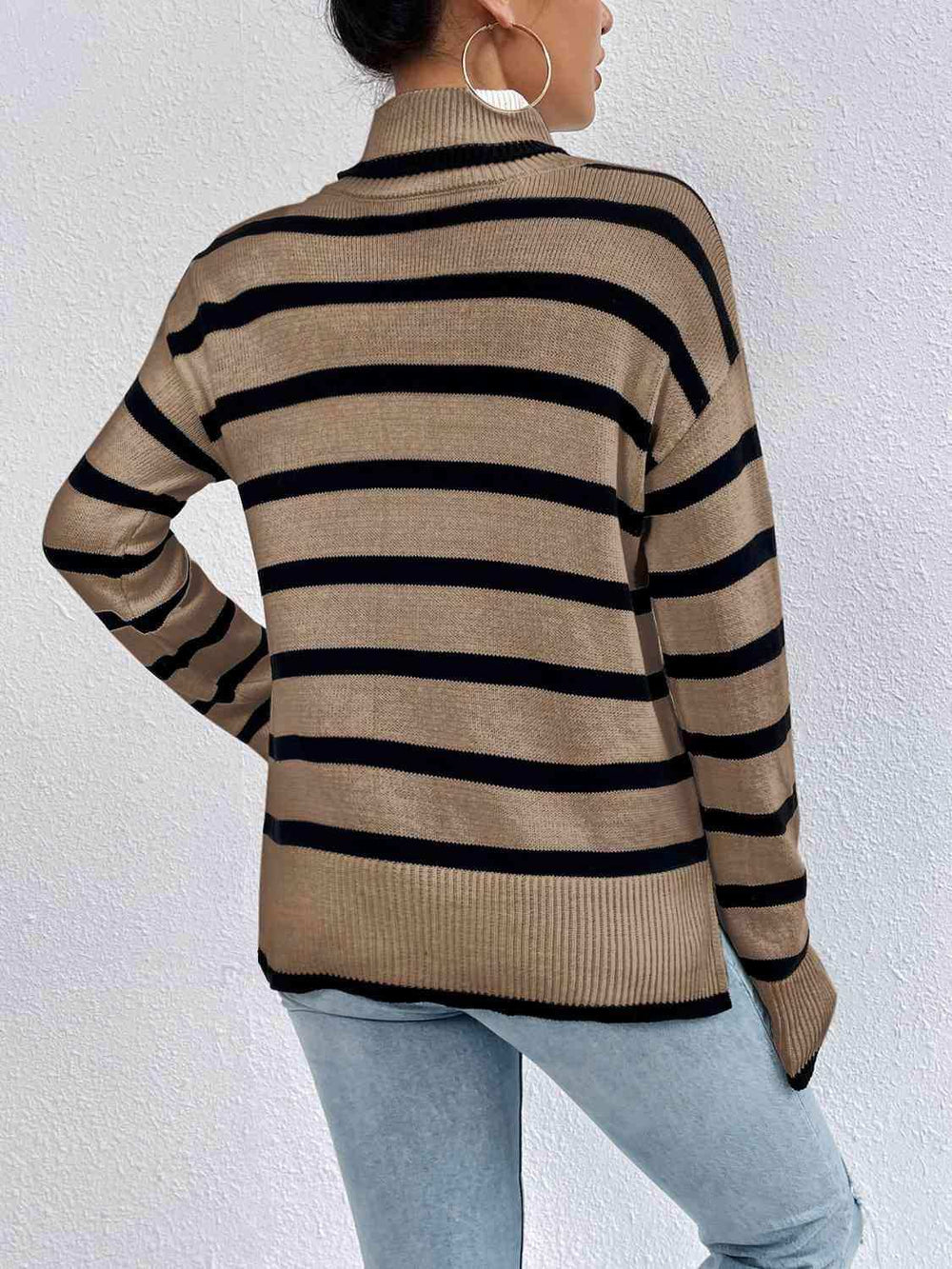 Striped Turtleneck Drop Shoulder Sweater - Trendsi - Flyclothing LLC