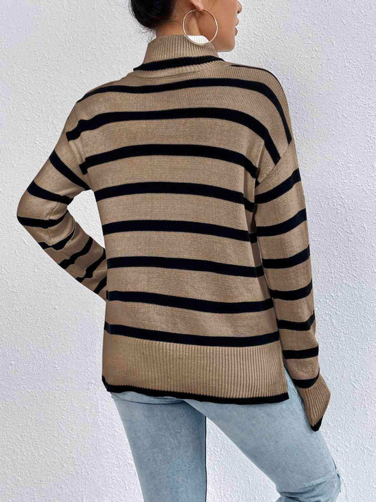 Striped Turtleneck Drop Shoulder Sweater - Trendsi - Flyclothing LLC