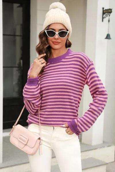 Striped Round Neck Dropped Shoulder Sweater - Trendsi - Flyclothing LLC