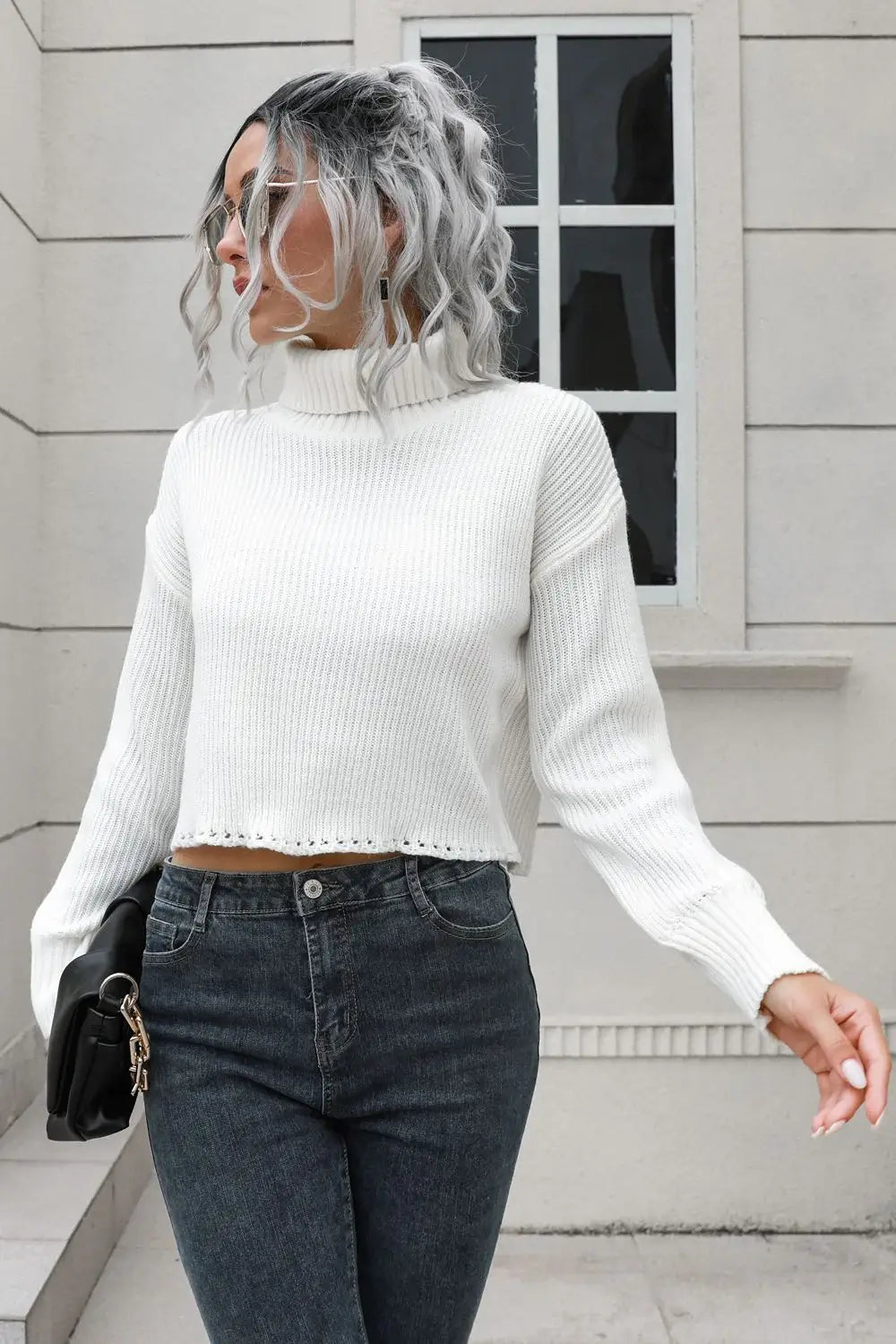 Turtleneck Dropped Shoulder Sweater - Trendsi - Flyclothing LLC