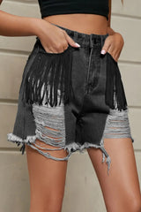 Fringe Trim Distressed Denim Shorts with Pockets - Trendsi - Flyclothing LLC