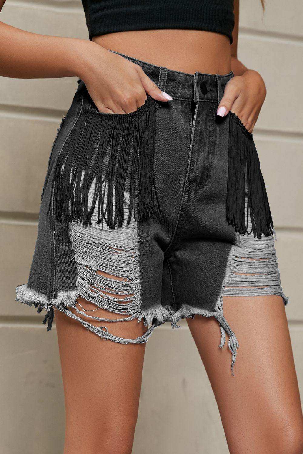 Fringe Trim Distressed Denim Shorts with Pockets - Trendsi - Flyclothing LLC