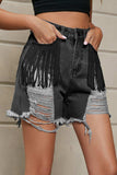 Fringe Trim Distressed Denim Shorts with Pockets - Trendsi - Flyclothing LLC