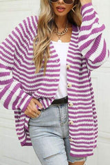 Striped Button Up Long Sleeve Cardigan - Trendsi - Flyclothing LLC