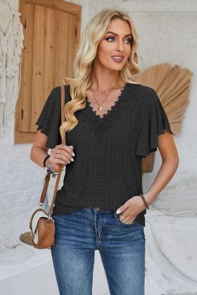 Eyelet Applique V-Neck Cap Sleeve T-Shirt - Trendsi - Flyclothing LLC