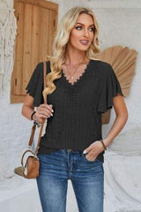 Eyelet Applique V-Neck Cap Sleeve T-Shirt - Trendsi - Flyclothing LLC