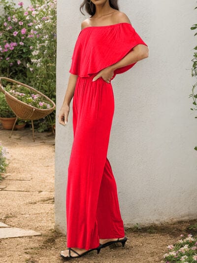 Off-Shoulder Wide Leg Jumpsuit - Trendsi