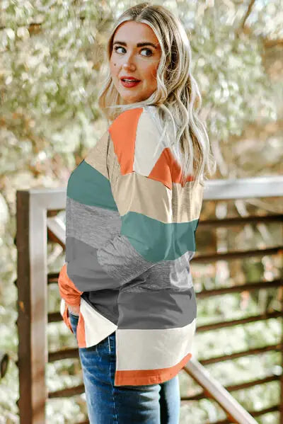 Plus Size Striped Slit Long Sleeve T-Shirt - Trendsi - Flyclothing LLC