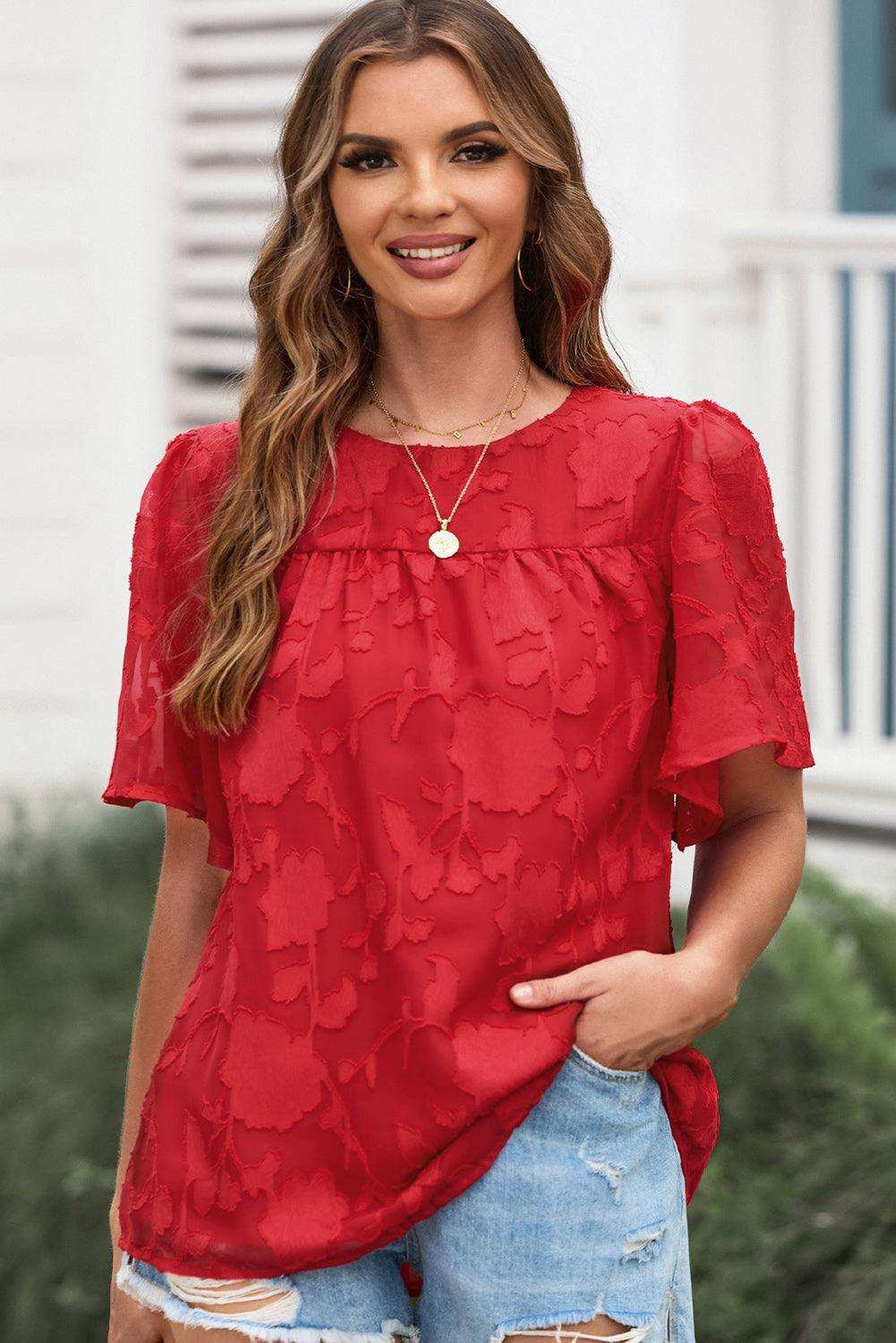 Round Neck Puff Sleeve Blouse - Trendsi - Flyclothing LLC