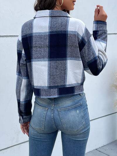 Plaid Button Up Drop Shoulder Cropped Jacket - Trendsi - Flyclothing LLC
