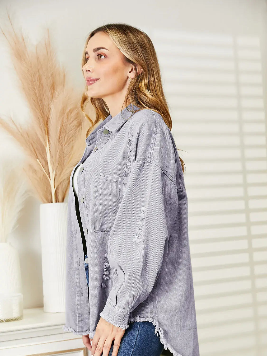 Distressed Raw Hem Denim Jacket - Trendsi - Flyclothing LLC