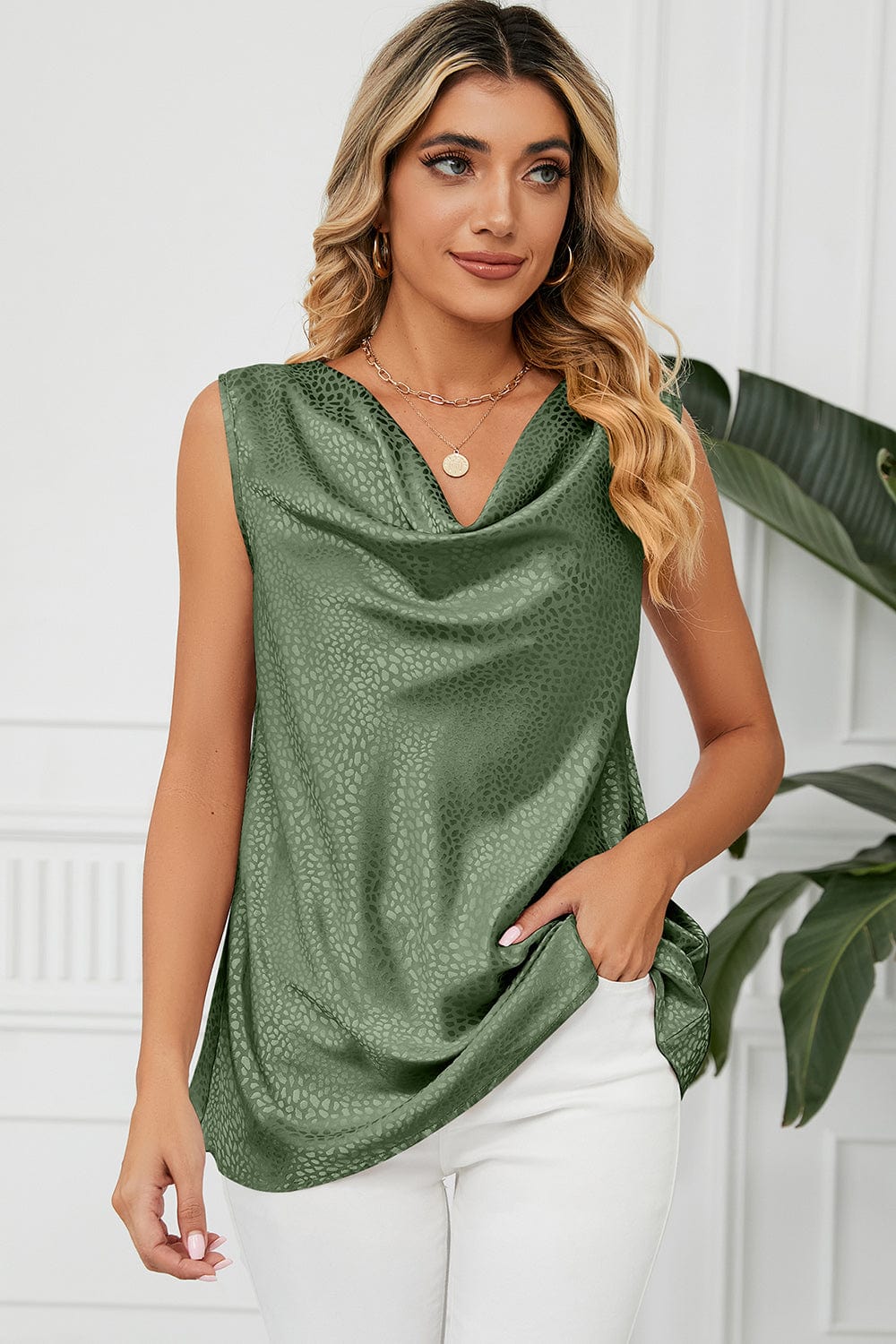 Ruched Cowl Neck Tank - Trendsi