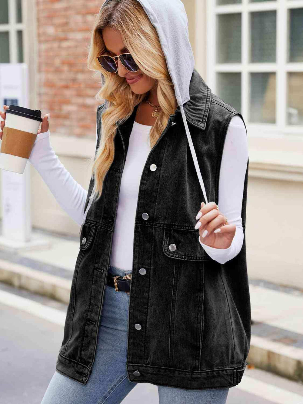 Drawstring Hooded Sleeveless Denim Jacket - Trendsi - Flyclothing LLC