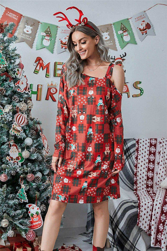 Christmas Asymmetrical Neck Long Sleeve Dress - Trendsi - Flyclothing LLC