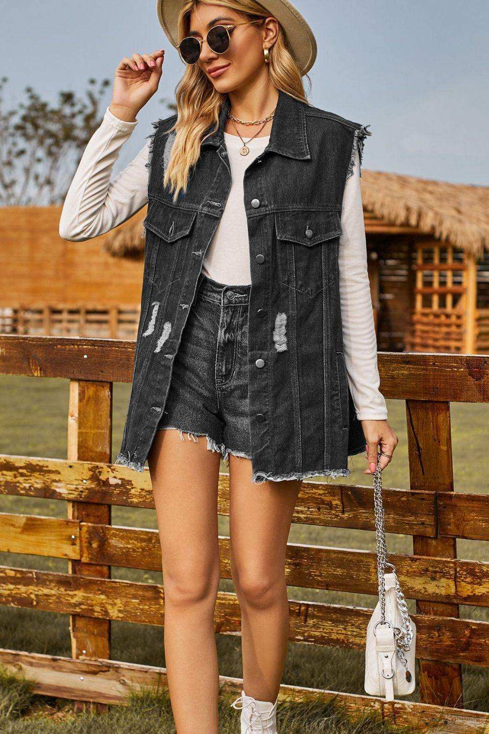 Sleeveless Button-Up Collared Denim Top with Pockets - Trendsi - Flyclothing LLC