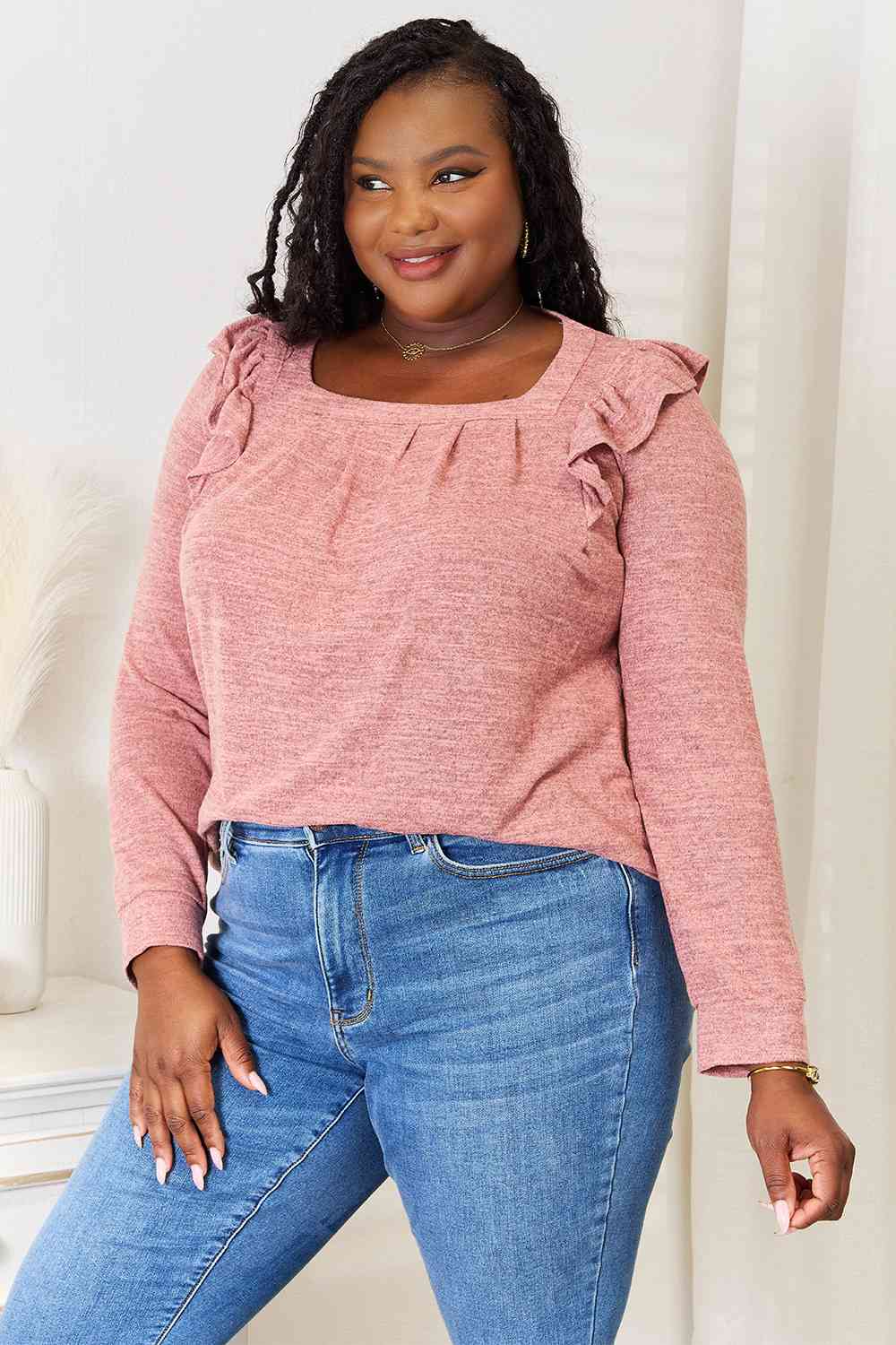 Double Take Square Neck Ruffle Shoulder Long Sleeve T-Shirt - Trendsi - Flyclothing LLC