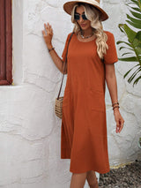 Round Neck Short Sleeve Dress with Pockets - Trendsi - Flyclothing LLC