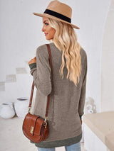 Crochet Contrast V-Neck Long Sleeve Slit T-Shirt - Trendsi - Flyclothing LLC