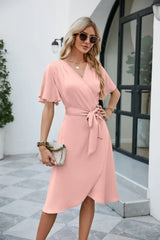 Tie Waist Flutter Sleeve Surplice Dress - Trendsi - Flyclothing LLC