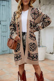 Pocketed Geometric Open Front Dropped Shoulder Cardigan - Trendsi