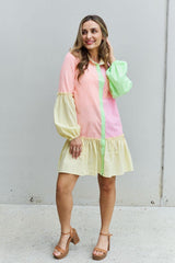 Davi & Dani Flying Colors Full Size Colorblock Long Sleeve Shirt Dress - Trendsi