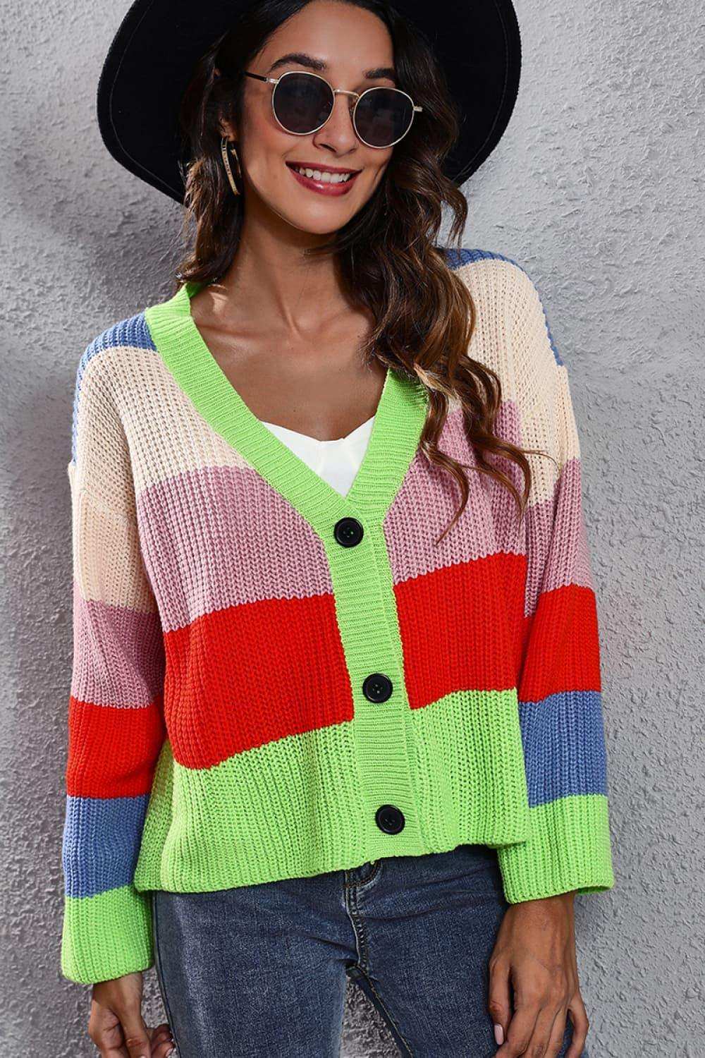 Color Block Button-Down Dropped Shoulder Cardigan - Trendsi - Flyclothing LLC