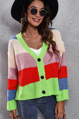 Color Block Button-Down Dropped Shoulder Cardigan - Trendsi