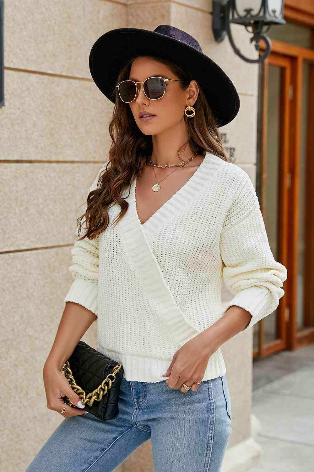 Openwork Surplice Long Sleeve Sweater - Trendsi - Flyclothing LLC