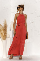 Halter Neck Tie Waist Tiered Maxi Dress - Trendsi - Flyclothing LLC