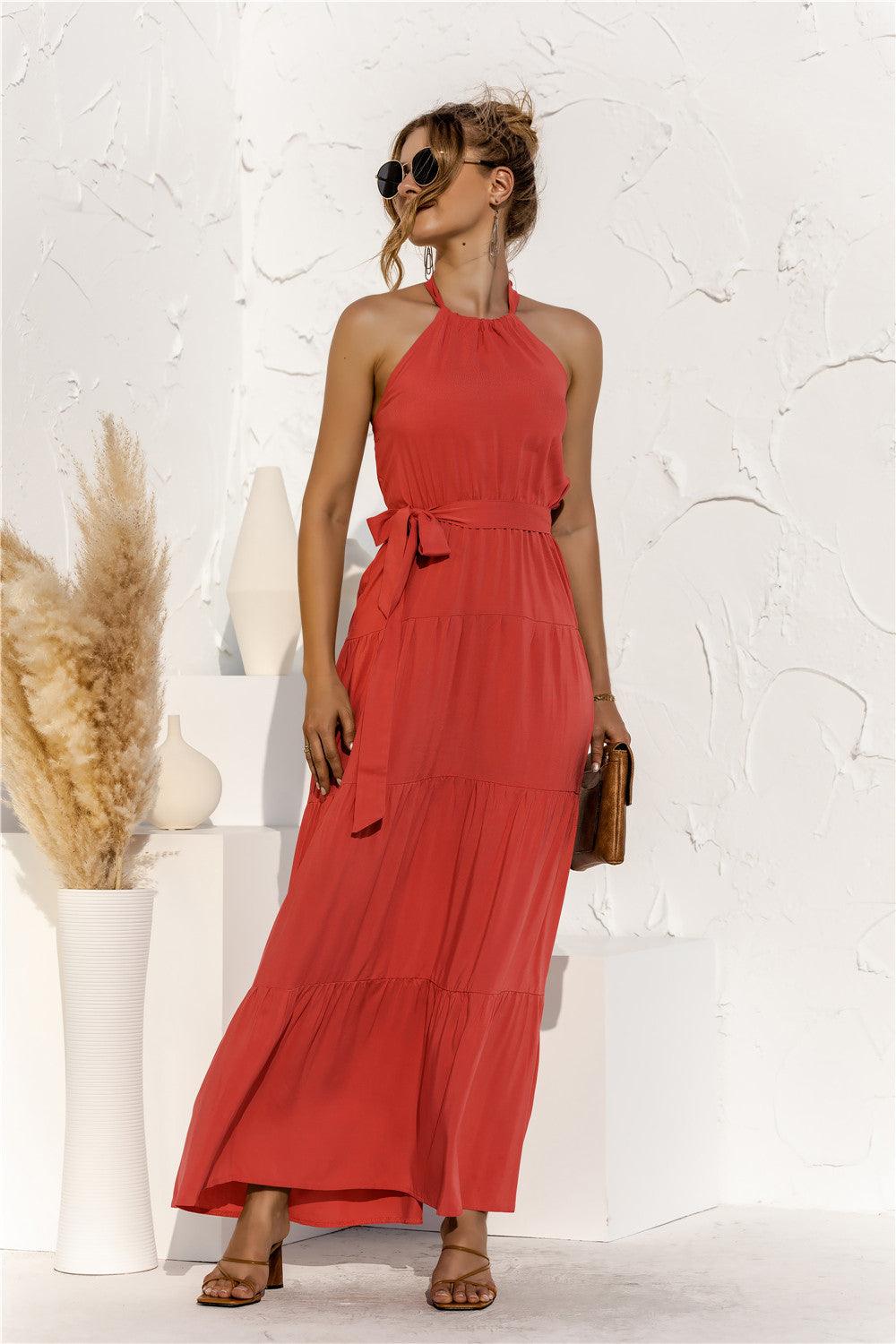 Halter Neck Tie Waist Tiered Maxi Dress - Trendsi - Flyclothing LLC