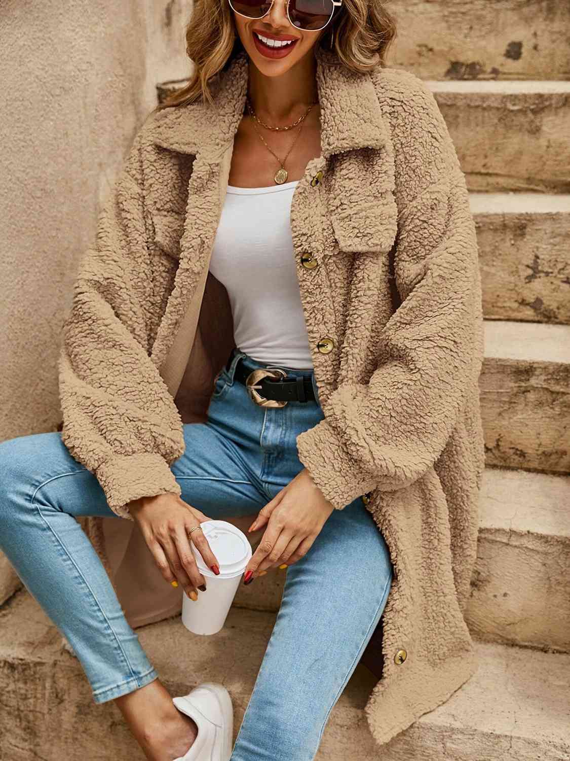 Collared Button Down Coat - Trendsi - Flyclothing LLC