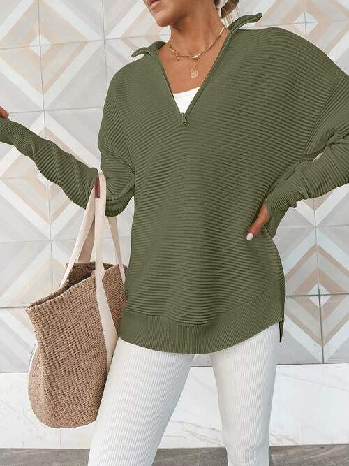 Half Zip Long Sleeve Knit Top - Trendsi - Flyclothing LLC