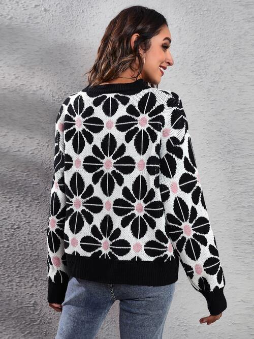 Floral Round Neck Long Sleeve Sweater - Trendsi