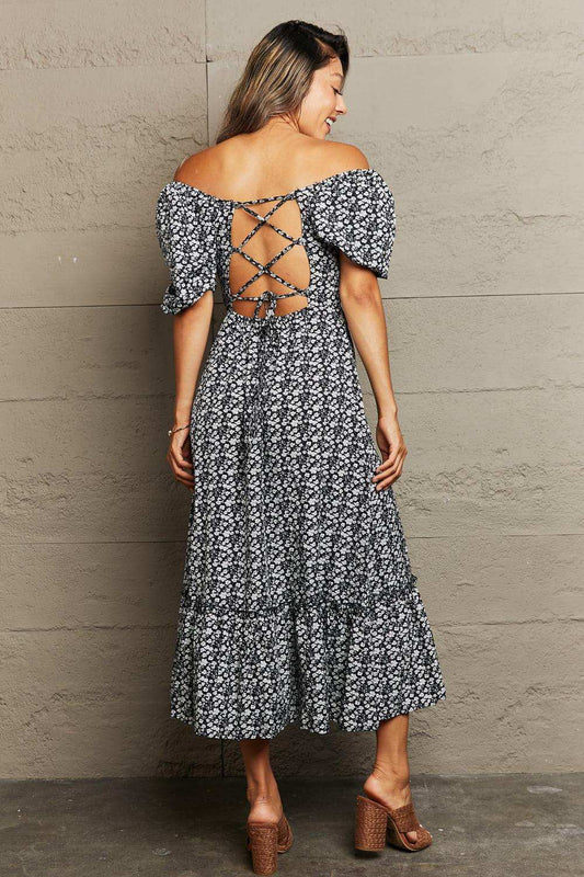 Floral Lace-Up Off-Shoulder Midi Dress - Trendsi - Flyclothing LLC
