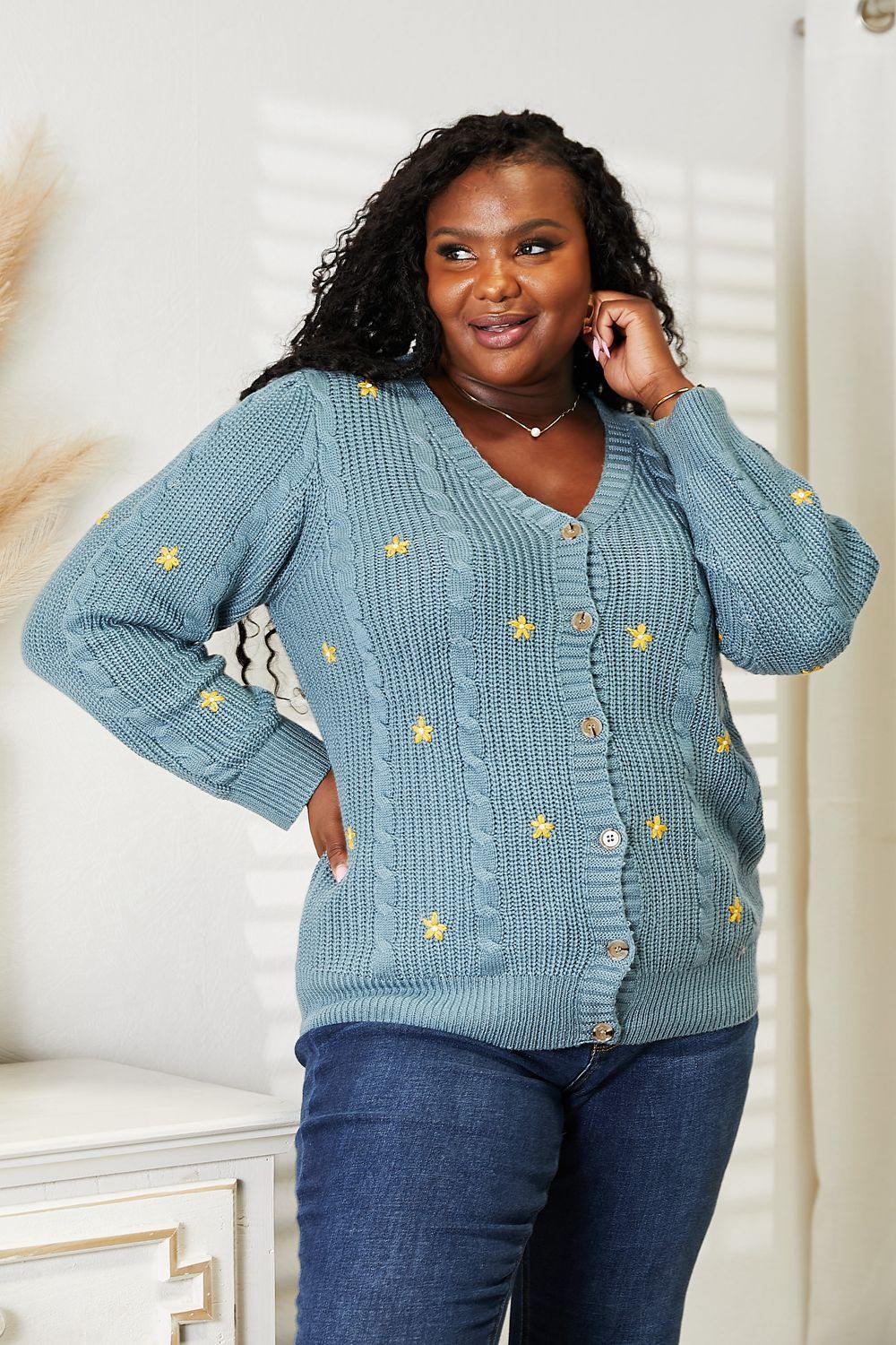 HEYSON Full Size Floral Embroidered Cable Cardigan - Trendsi
