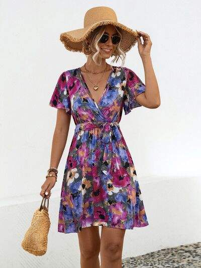 Printed Surplice Tie Waist Mini Dress - Trendsi - Flyclothing LLC